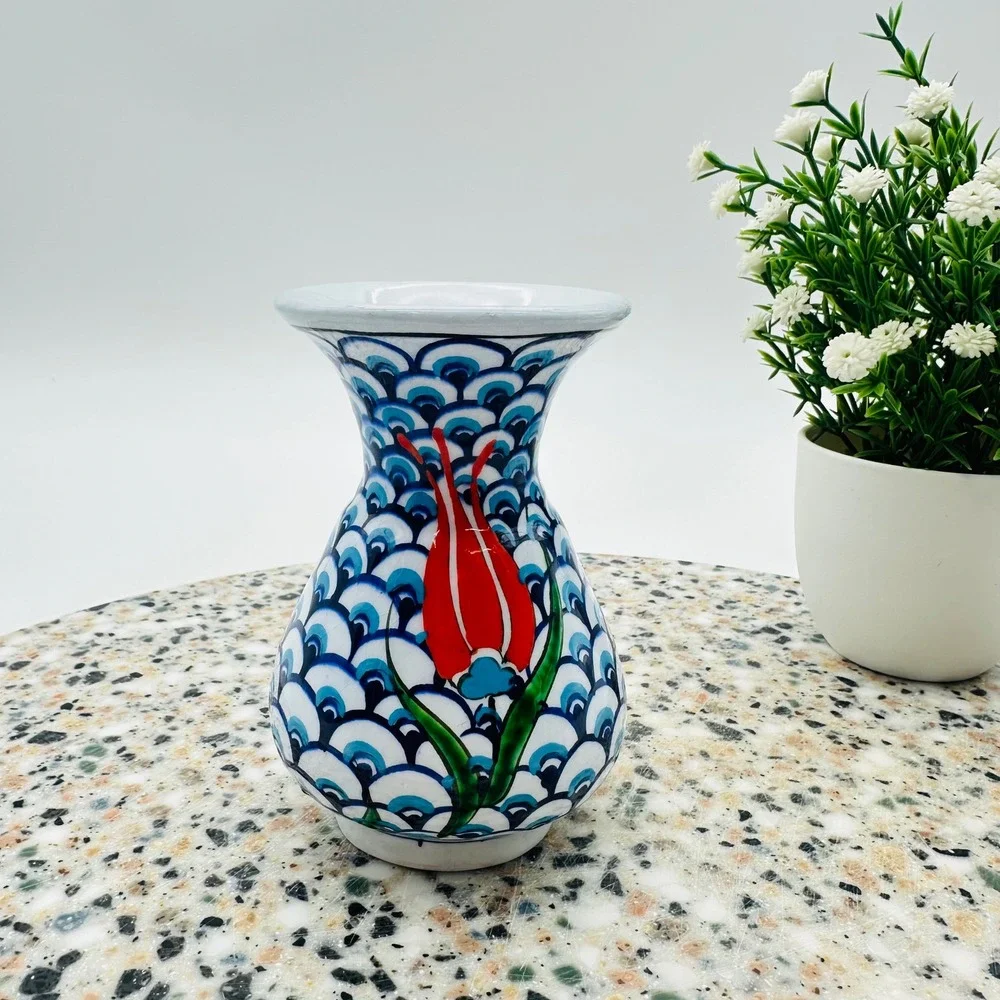 Altın Çini Kütahya Turkish Hand Painted Ceramic Tulip Vase Blue White‎